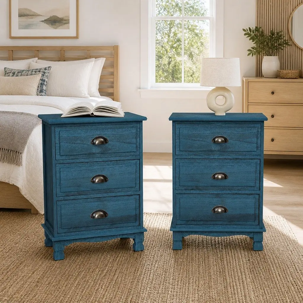 Bedside Table Vintage Storage Cabinet 3 Drawers Blue