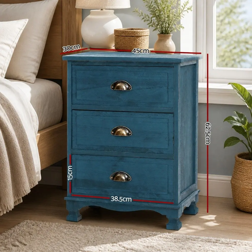3 Drawer Bedside Table Vintage Storage Cabinet Blue Wooden Nightstand