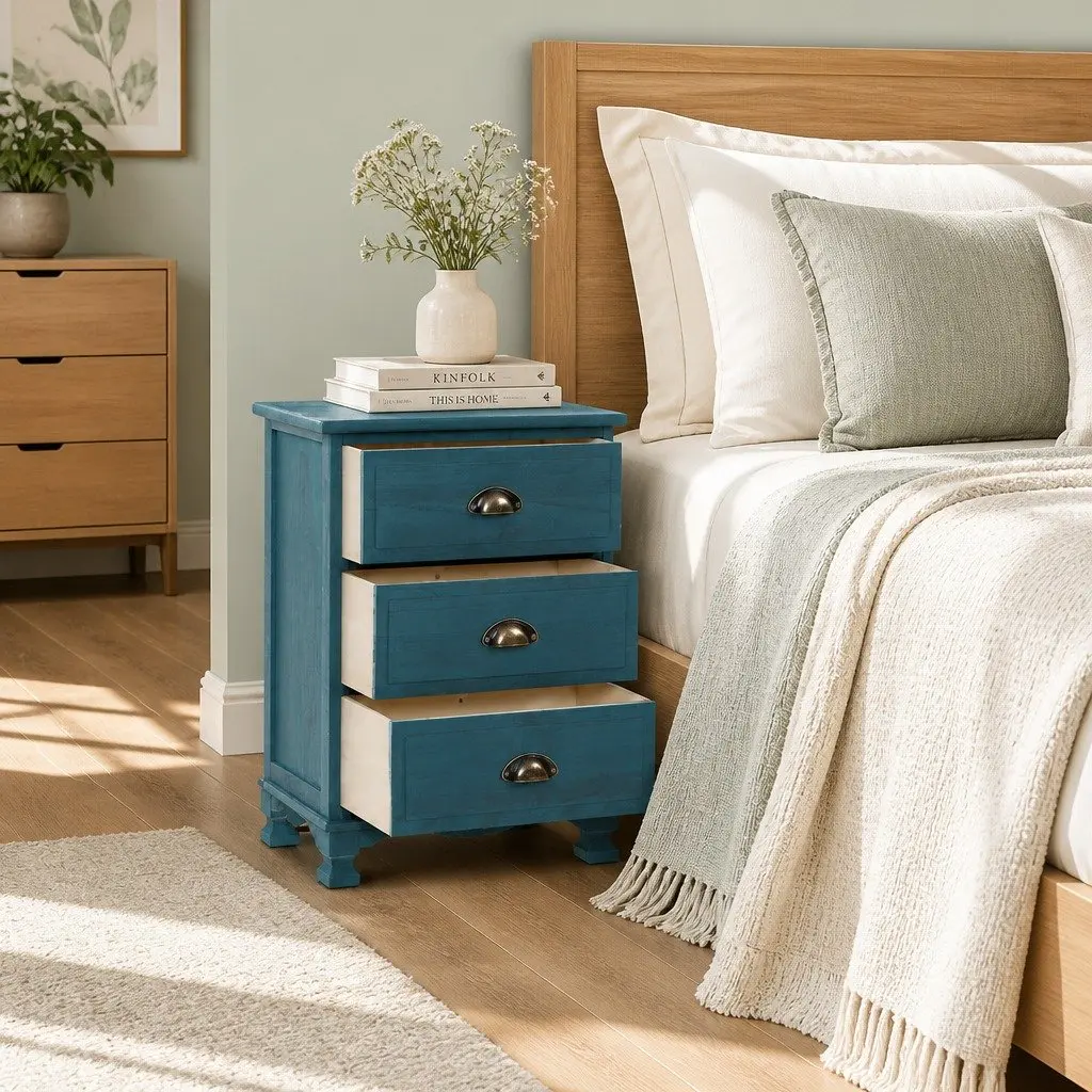 3 Drawer Bedside Table Vintage Storage Cabinet Blue Wooden Nightstand