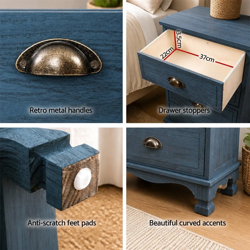 3 Drawer Bedside Table Vintage Storage Cabinet Blue Wooden Nightstand