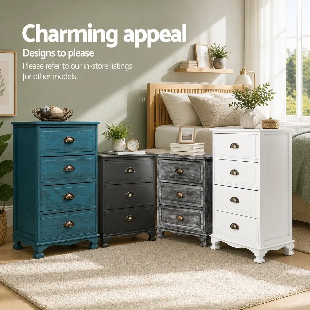 3 Drawer Bedside Table Vintage Storage Cabinet Blue Wooden Nightstand