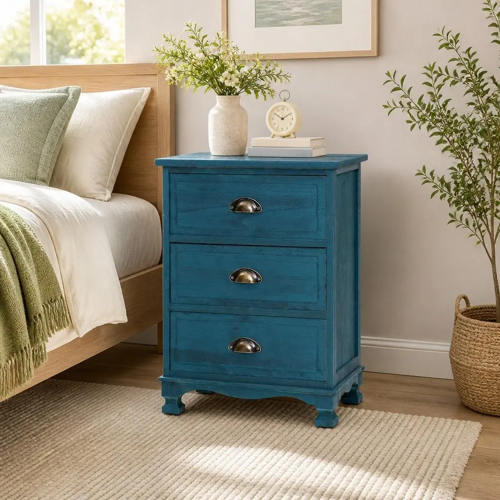 3 Drawer Bedside Table Vintage Storage Cabinet Blue Wooden Nightstand