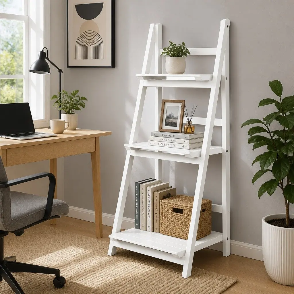 3-Tier Ladder Shelf Storage Display Stand White Freestanding Corner Bookcase