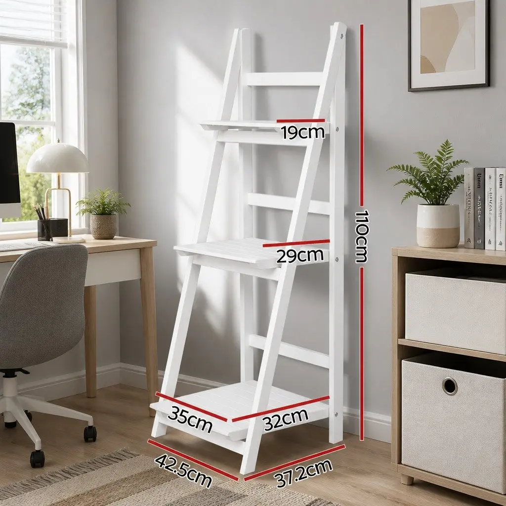 3-Tier Ladder Shelf Storage Display Stand White Freestanding Corner Bookcase
