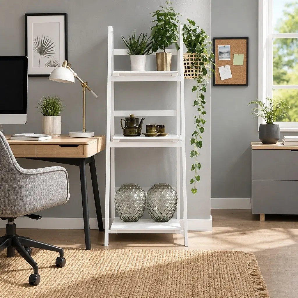 3-Tier Ladder Shelf Storage Display Stand White Freestanding Corner Bookcase