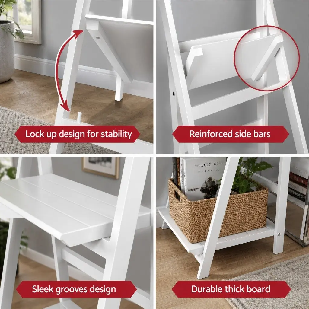 3-Tier Ladder Shelf Storage Display Stand White Freestanding Corner Bookcase