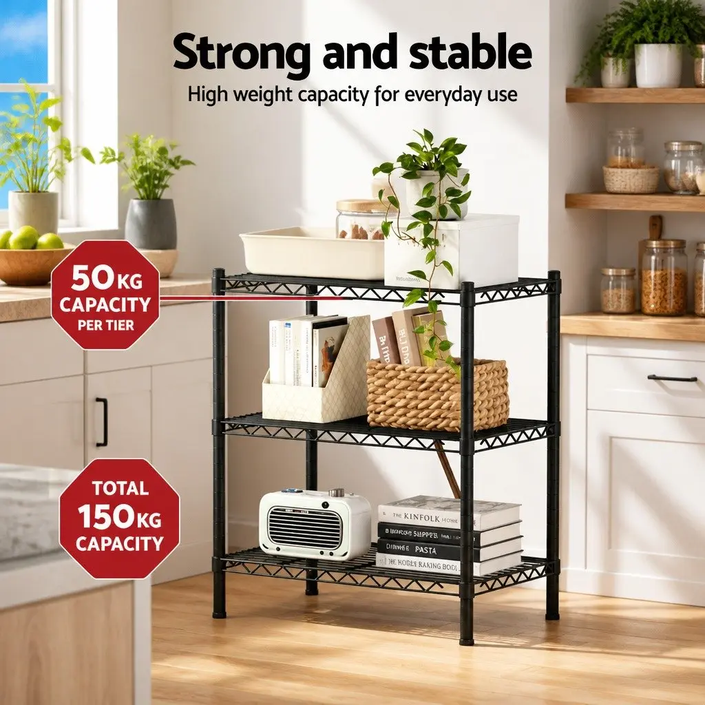 3-Tier Shelving Unit Adjustable Storage Rack Steel Kitchen Garage Organiser