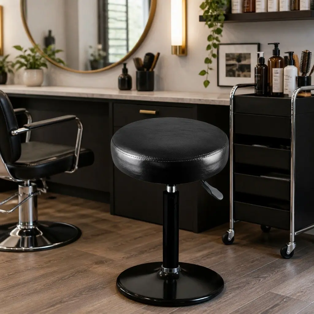 Salon Stool Swivel Chair Height Adjustable Black PU Leather Seat