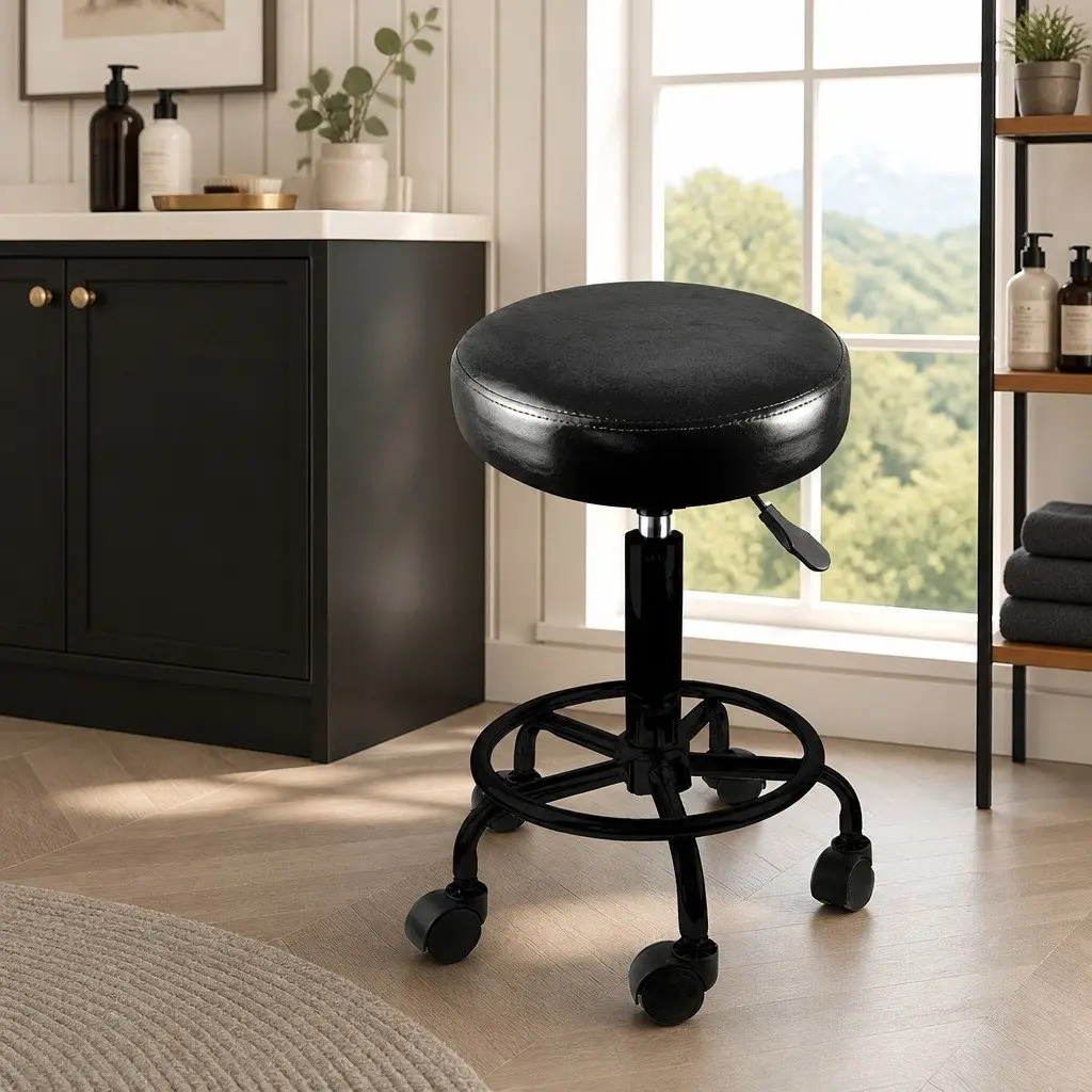 Salon Stool Swivel Chair Height Adjustable Black PU Leather Seat