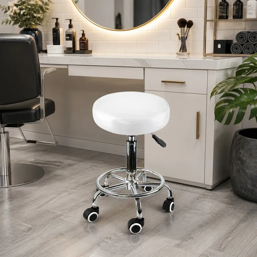 Salon Barstool Adjustable Height White 360 Degree Swivel Stool with Casters