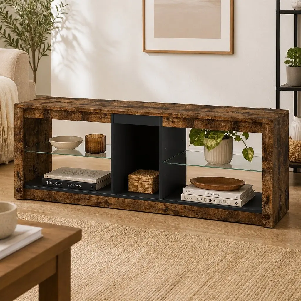TV Stand Cabinet with Glass Display Shelves Storage Entertainment Unit