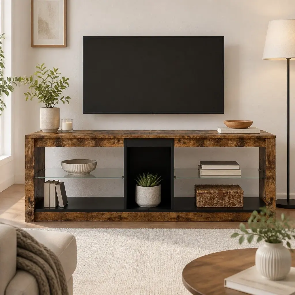 TV Stand Cabinet Storage Entertainment Unit with Glass Display Shelves 140cm Oak