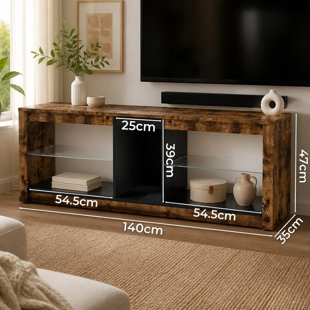 TV Stand Cabinet Storage Entertainment Unit with Glass Display Shelves 140cm Oak