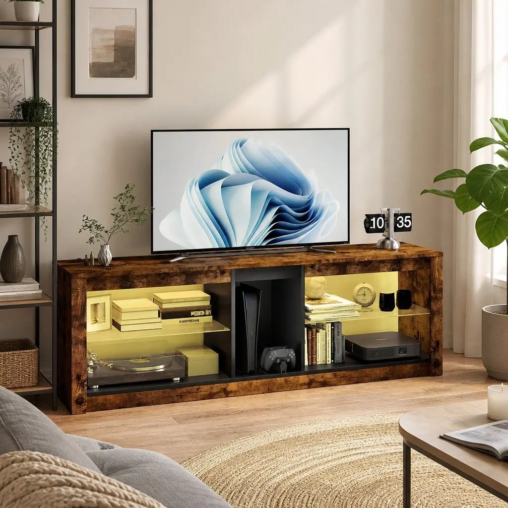 TV Stand Cabinet Storage Entertainment Unit with Glass Display Shelves 140cm Oak