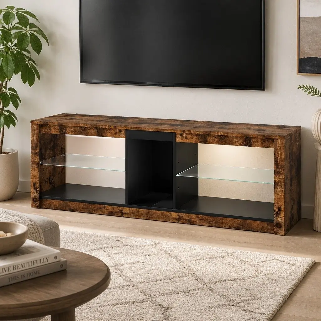 TV Stand Cabinet Storage Entertainment Unit with Glass Display Shelves 140cm Oak