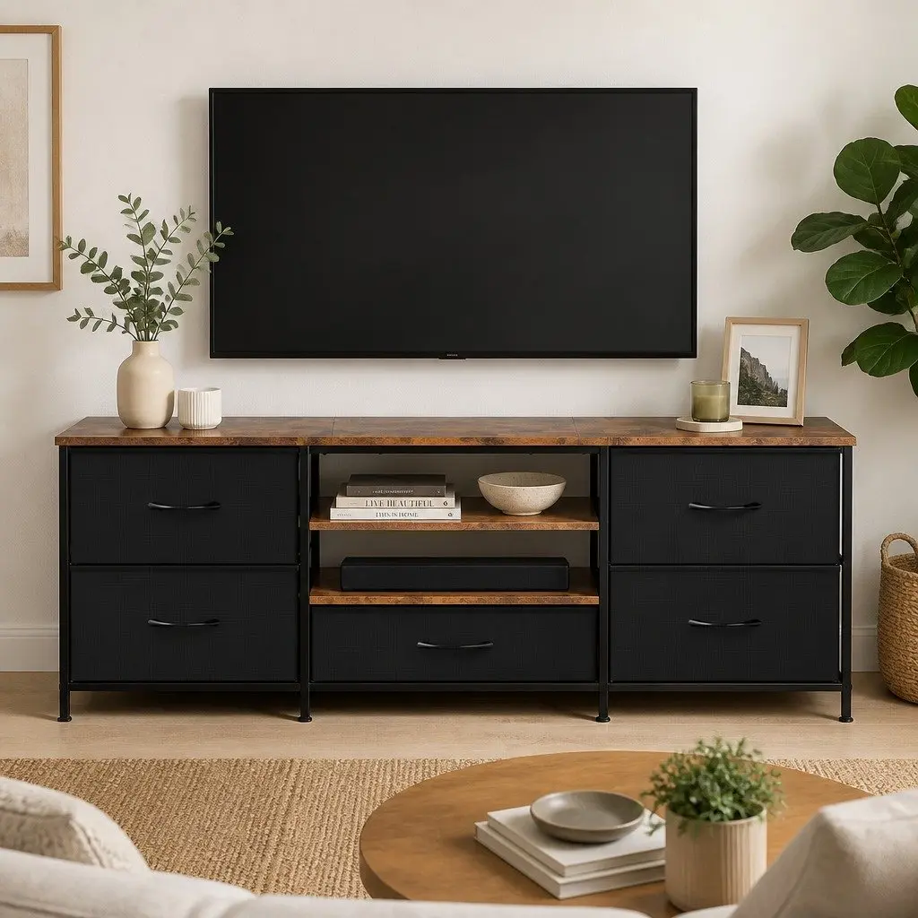 TV Stand Cabinet Entertainment Unit 140cm 5 Drawers Storage Shelves Living Room