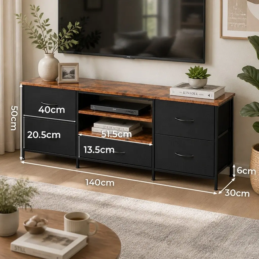 TV Stand Cabinet Entertainment Unit 140cm 5 Drawers Storage Shelves Living Room