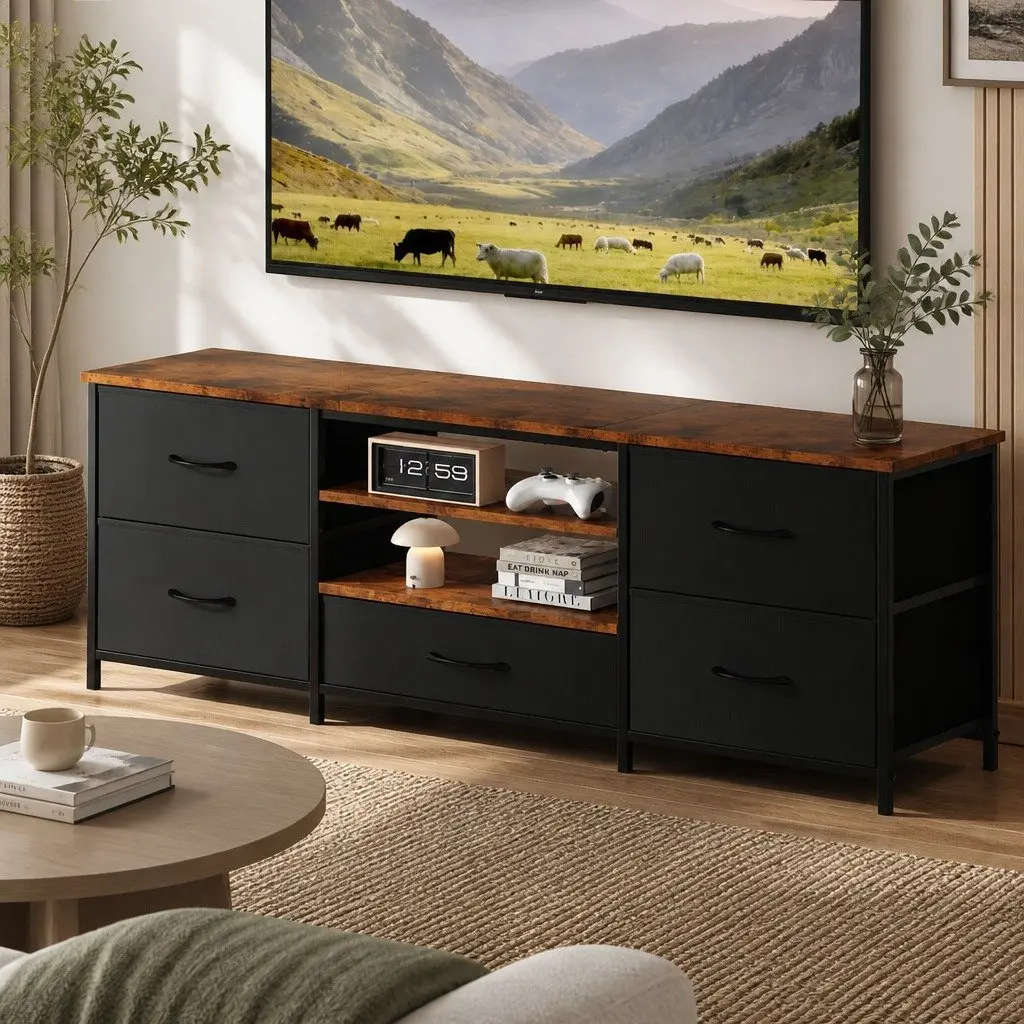 TV Stand Cabinet Entertainment Unit 140cm 5 Drawers Storage Shelves Living Room