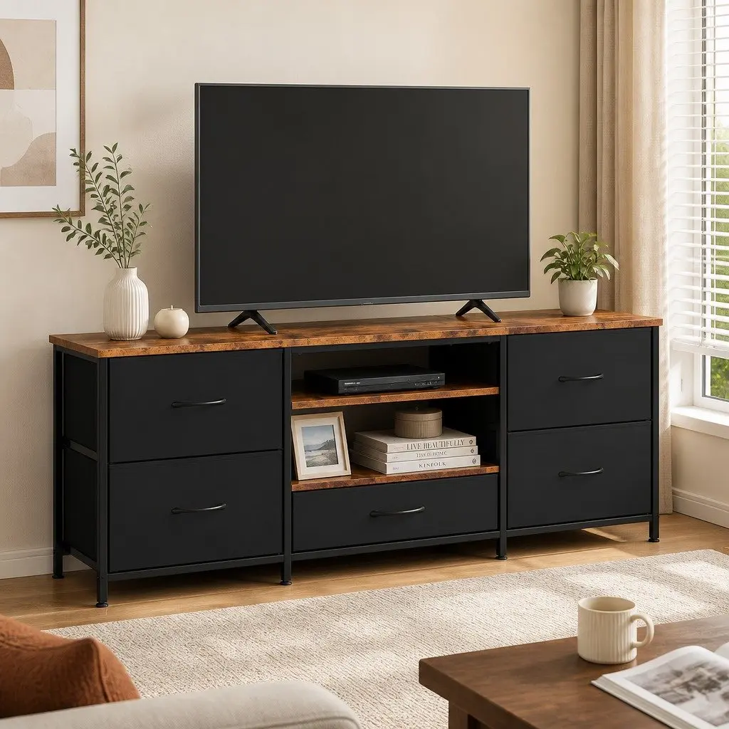 TV Stand Cabinet Entertainment Unit 140cm 5 Drawers Storage Shelves Living Room