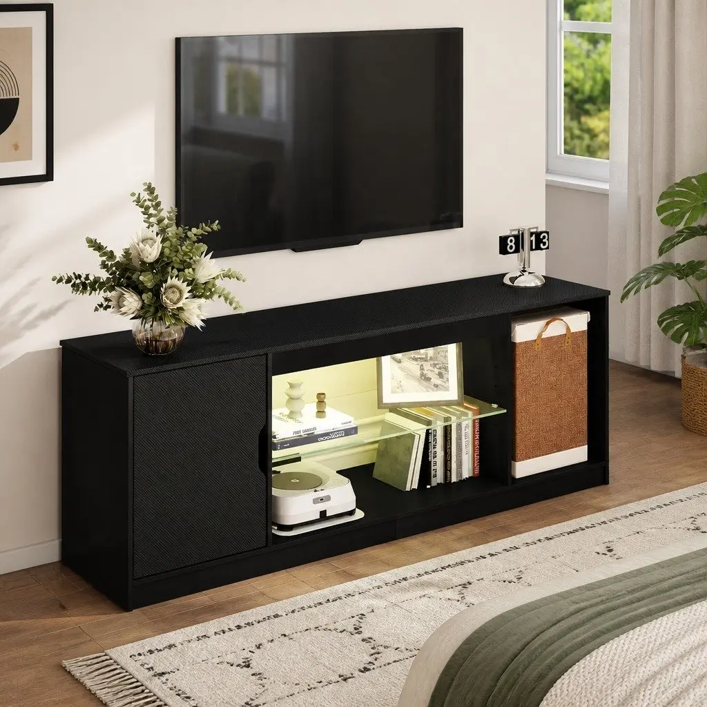 TV Stand Storage Cabinet 140cm Black LED Entertainment Unit Living Room Media