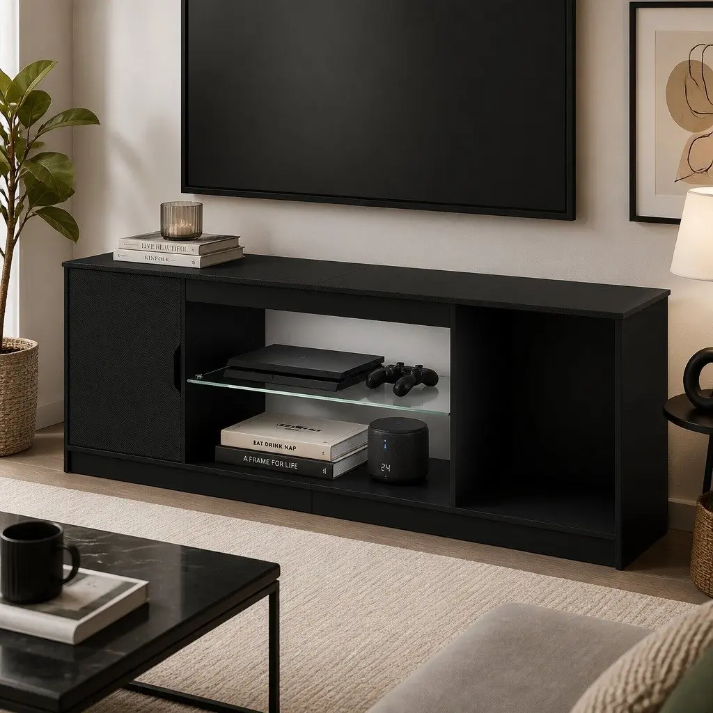 TV Stand Storage Cabinet 140cm Black LED Entertainment Unit Living Room Media