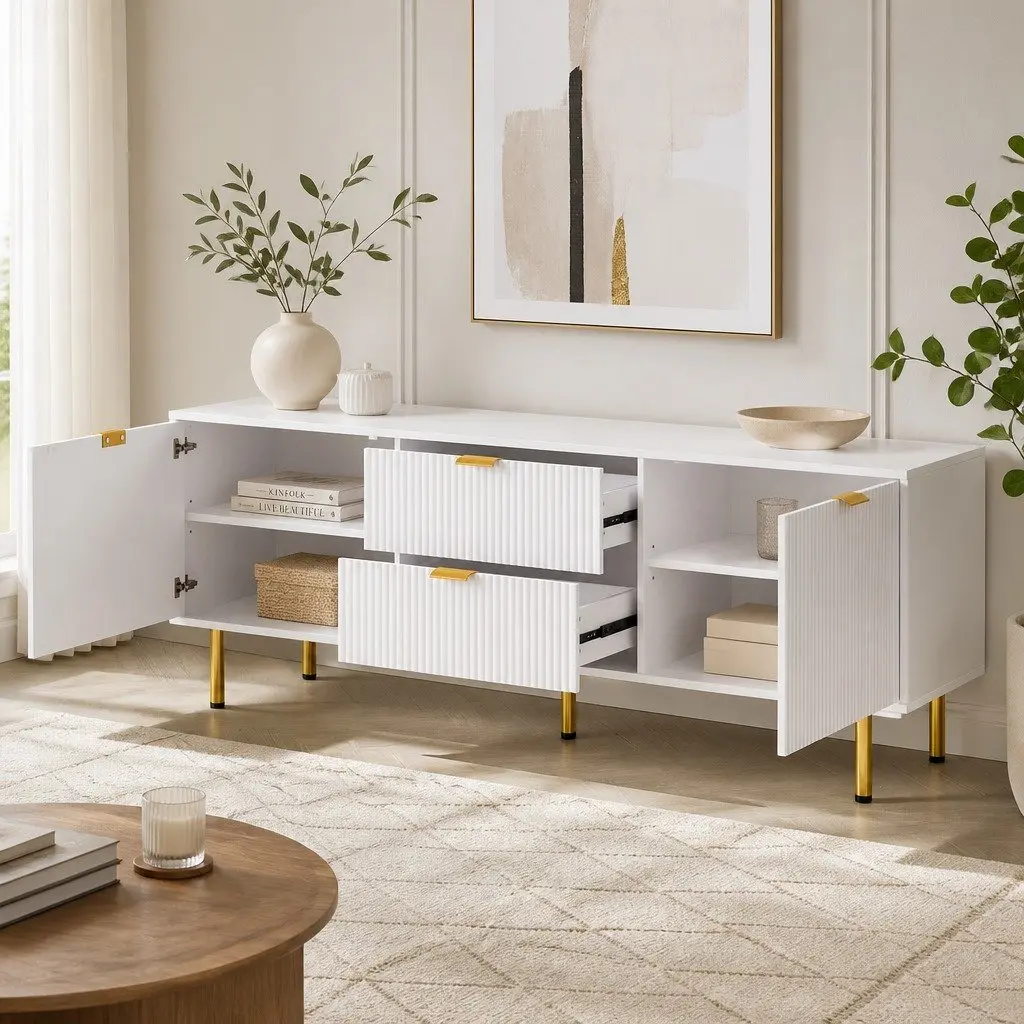 TV Entertainment Unit Cabinet Storage Doors 160cm White Living Room