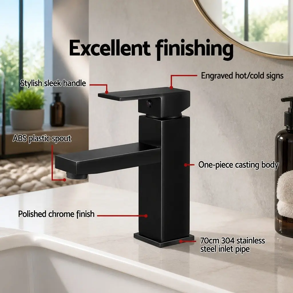 Square Basin Mixer Tap Matte Black Faucet Bathroom Vanity Laundry Sink Single