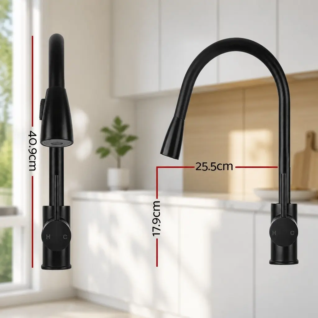 Pull Out Kitchen Mixer Tap 2 Mode Sink Faucet Basin Laundry Black 360° Swivel