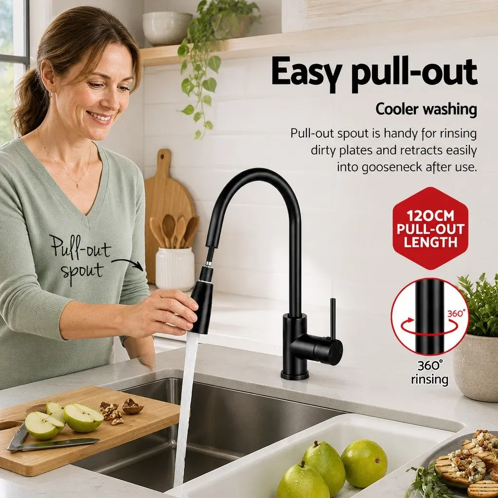 Pull Out Kitchen Mixer Tap 2 Mode Sink Faucet Basin Laundry Black 360° Swivel
