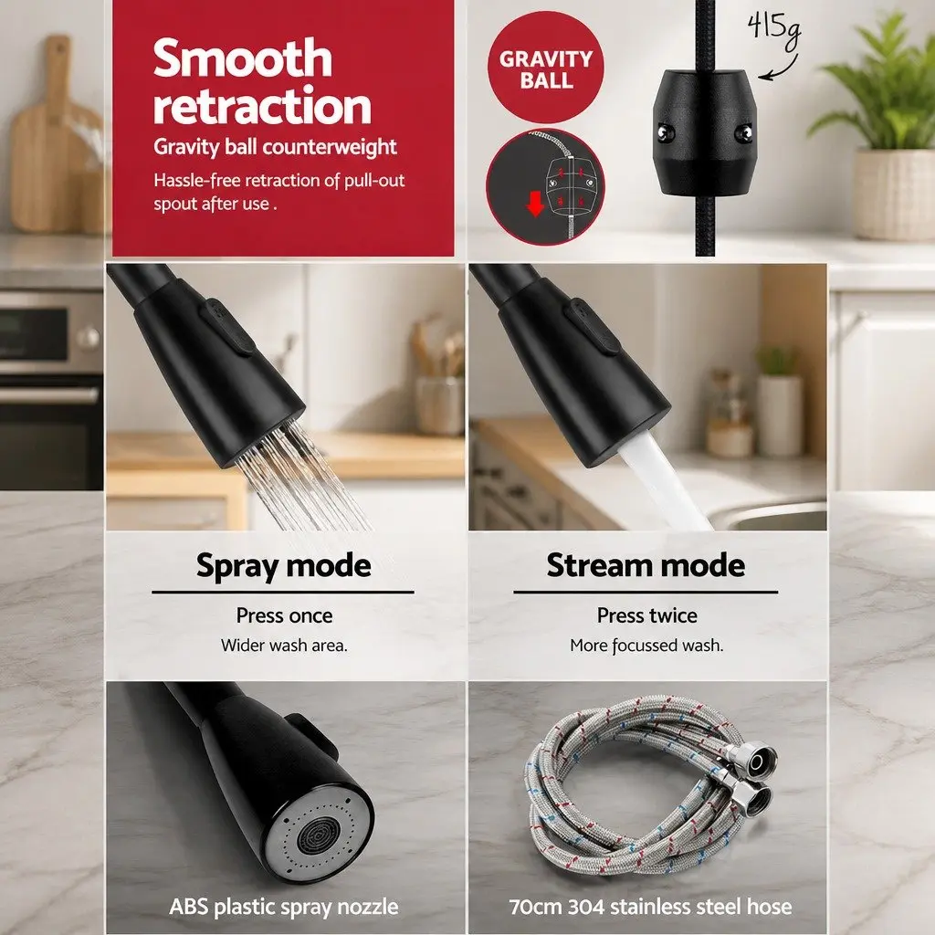 Pull Out Kitchen Mixer Tap 2 Mode Sink Faucet Basin Laundry Black 360° Swivel