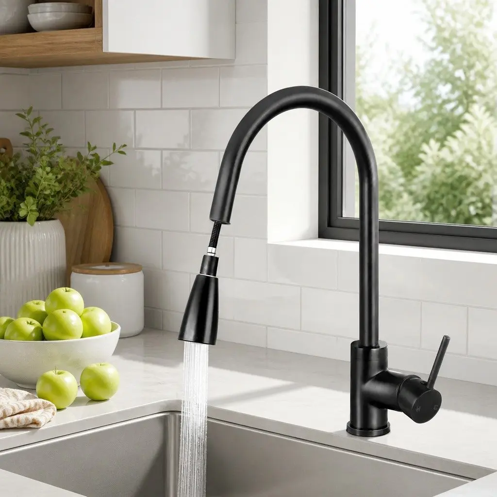 Pull Out Kitchen Mixer Tap 2 Mode Sink Faucet Basin Laundry Black 360° Swivel