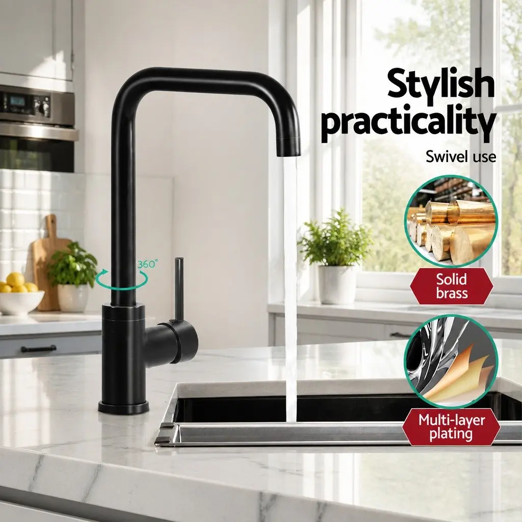 Kitchen Mixer Tap Black Gooseneck Basin Faucet Rectangle Sink Single Double