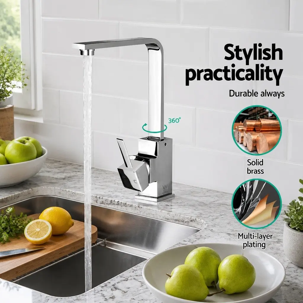 Kitchen Mixer Tap Chrome Square Sink Faucet Basin Laundry Single Hole Gooseneck