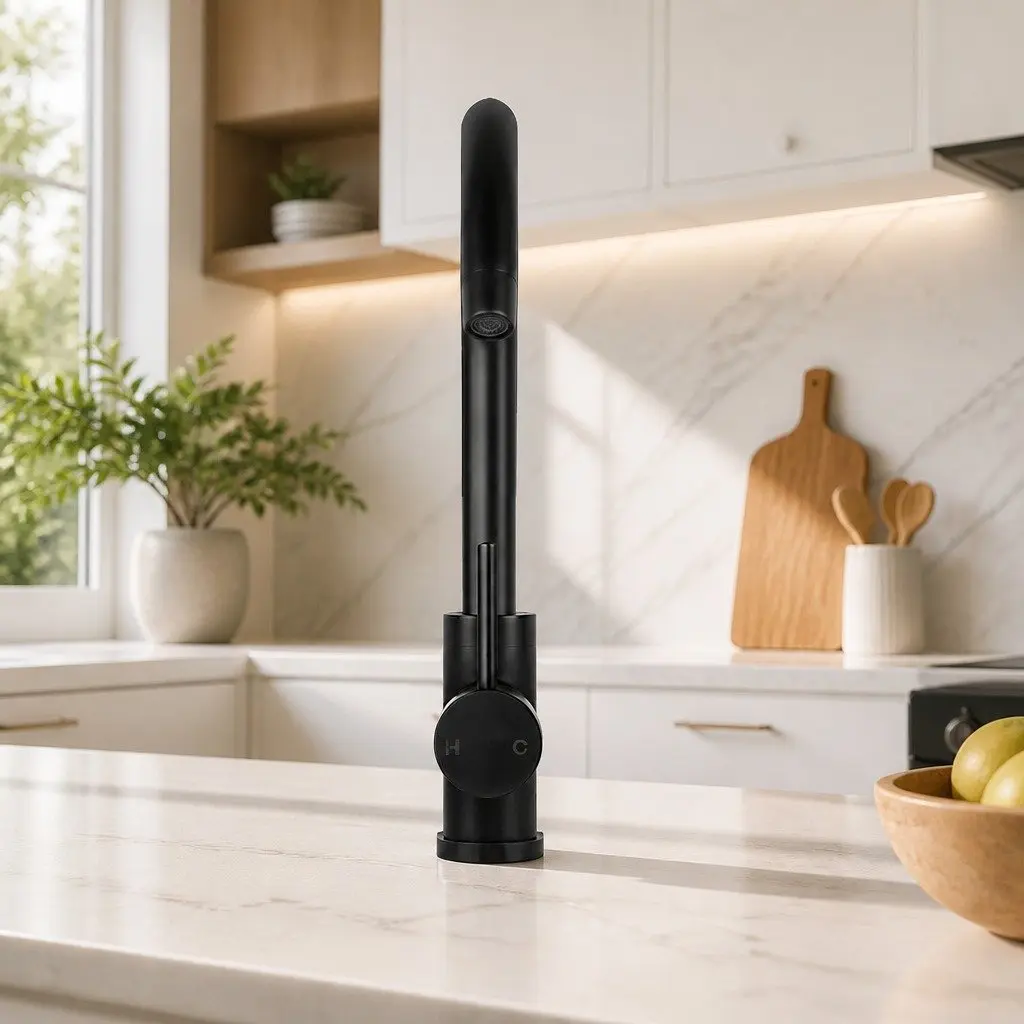 Kitchen Mixer Tap Round Basin Sink Faucet Gooseneck Swivel Black Matte