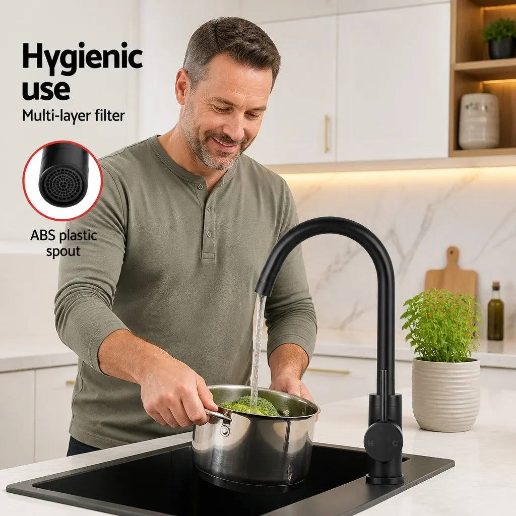Kitchen Mixer Tap Round Basin Sink Faucet Gooseneck Swivel Black Matte