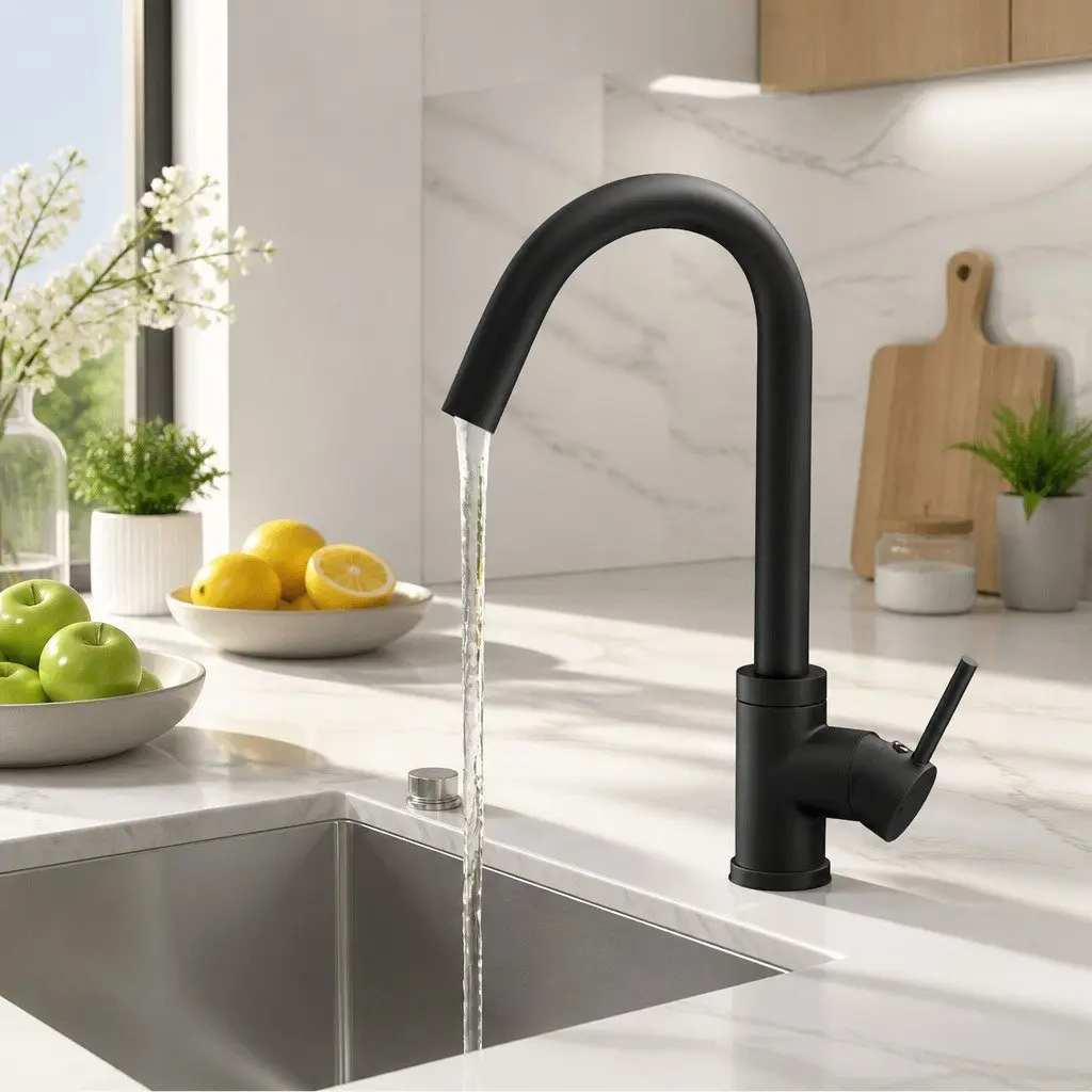 Kitchen Mixer Tap Round Basin Sink Faucet Gooseneck Swivel Black Matte