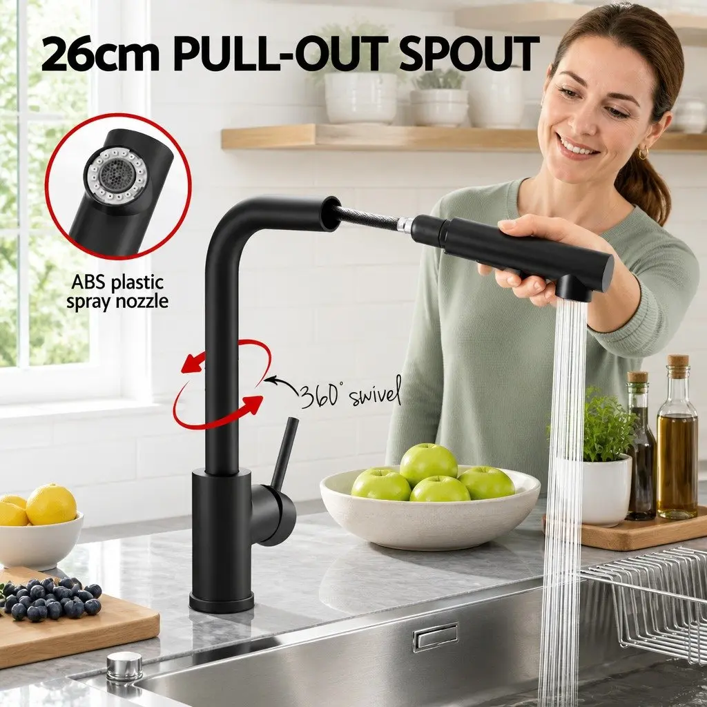 Kitchen Mixer Tap Pull Out Swivel 2 Mode Sink Basin Faucet Black Rectangle WELS