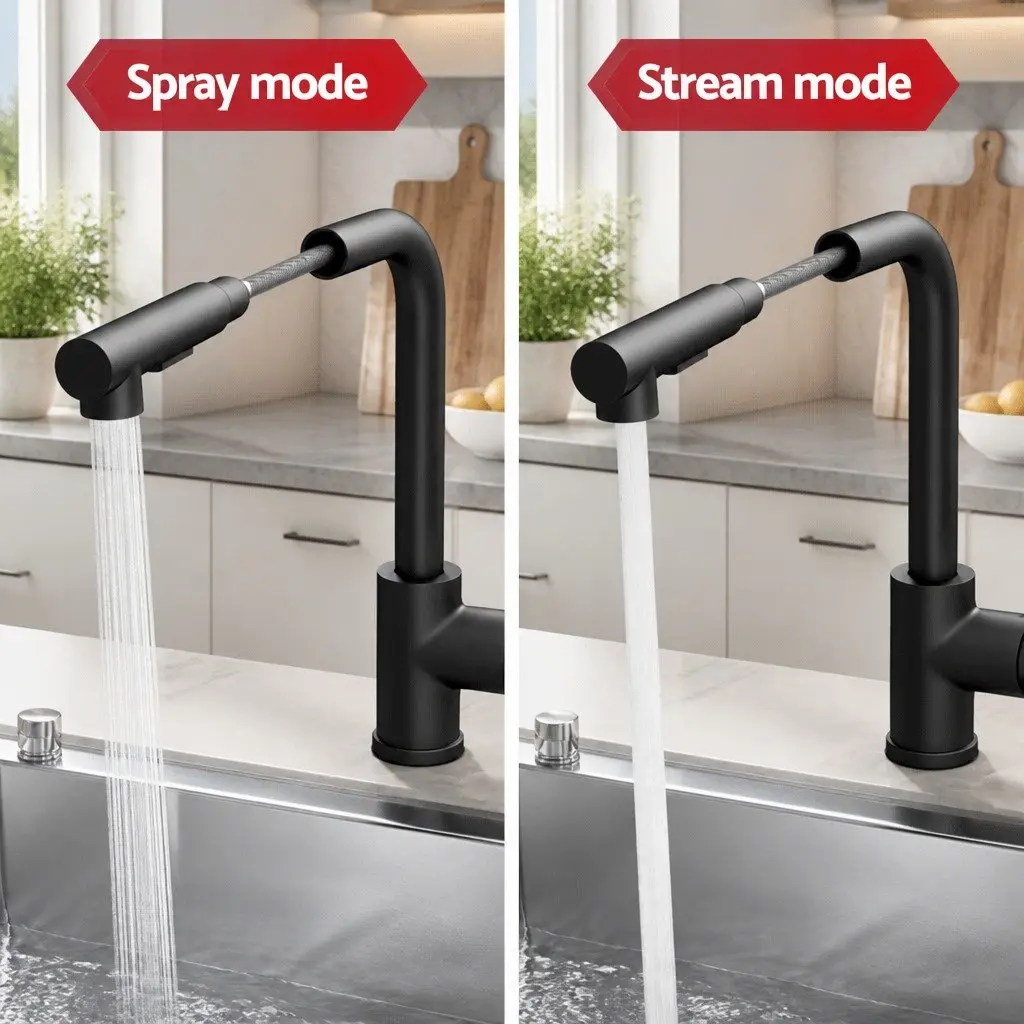 Kitchen Mixer Tap Pull Out Swivel 2 Mode Sink Basin Faucet Black Rectangle WELS