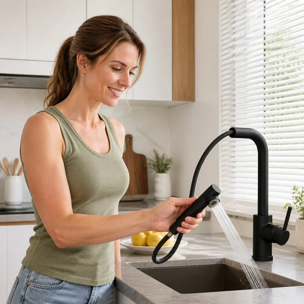 Kitchen Mixer Tap Pull Out Swivel 2 Mode Sink Basin Faucet Black Rectangle WELS
