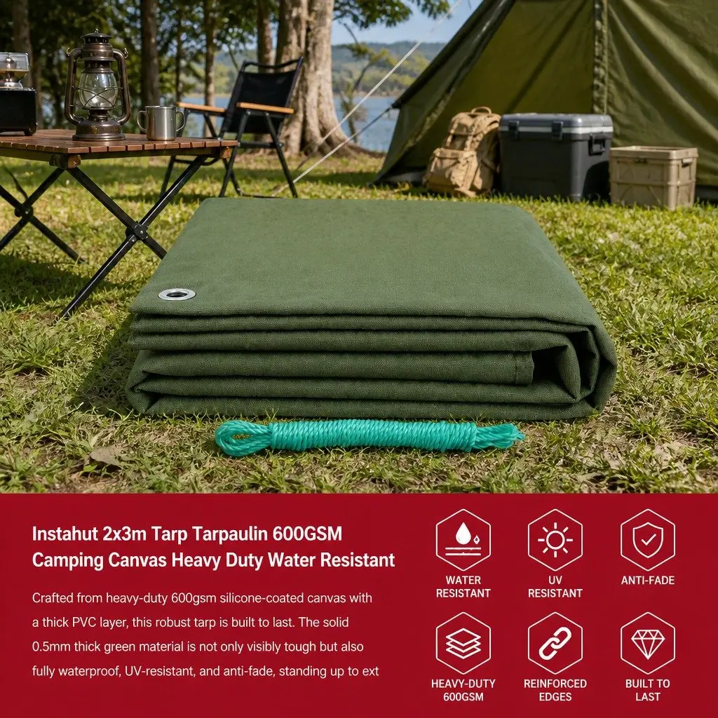 Heavy Duty Tarp Waterproof UV Resistant 2x3m Green Canvas Camping Caravan