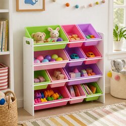 Practical 12-Bin Toy Organizer for Children's Spaces