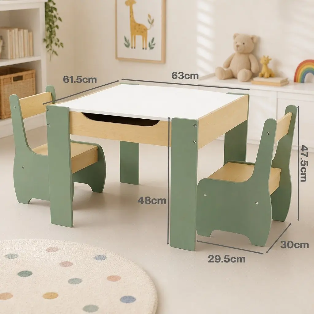 Kids Table and Chairs Set 3-in-1 Learning Chalkboard Storage Morandi Green