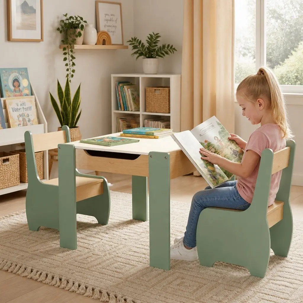 Kids Table and Chairs Set 3-in-1 Learning Chalkboard Storage Morandi Green