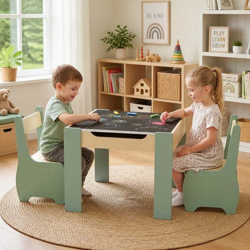 Kids Table and Chairs Set 3-in-1 Learning Chalkboard Storage Morandi Green