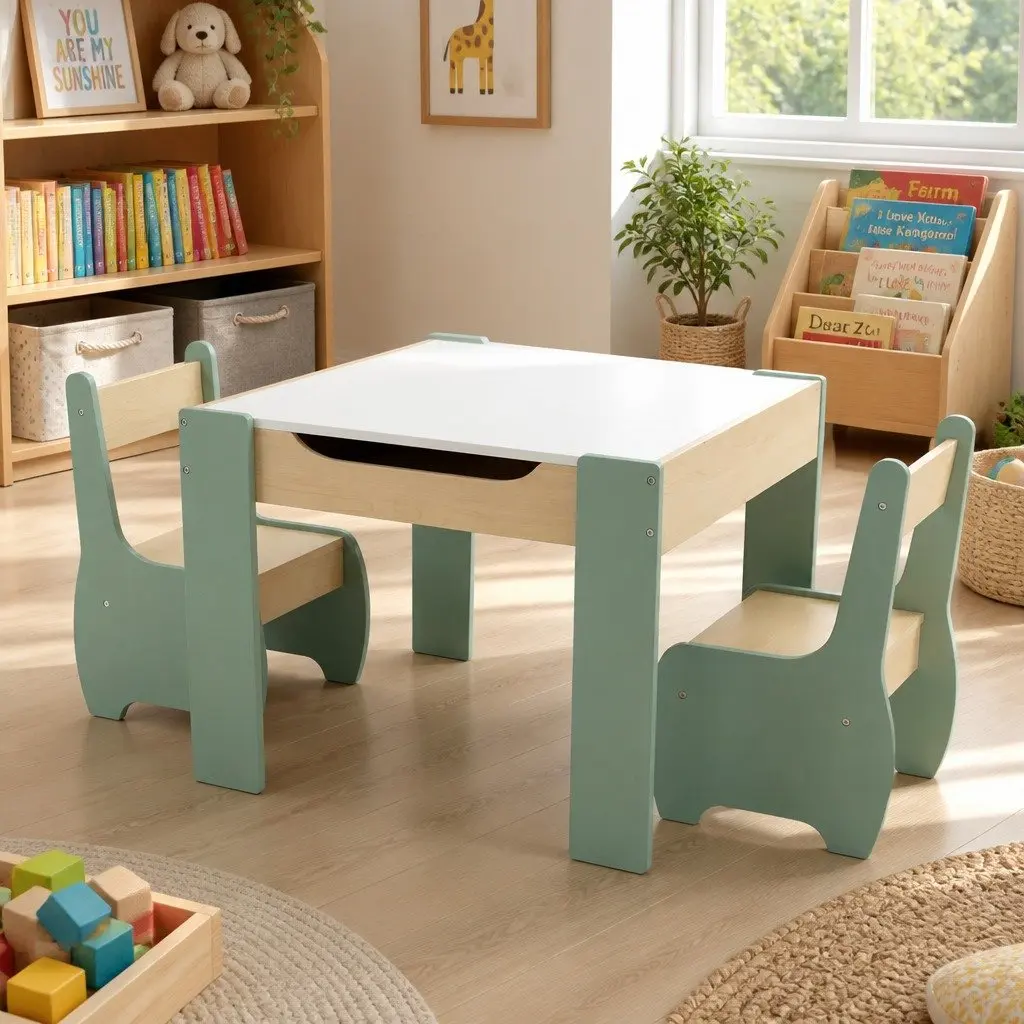 Kids Table and Chairs Set 3-in-1 Learning Chalkboard Storage Morandi Green
