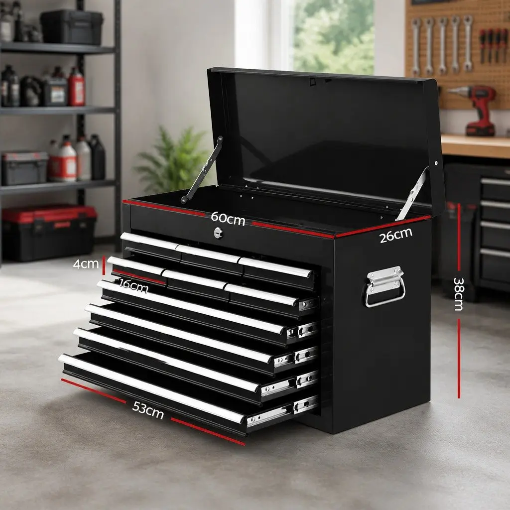 Tool Cabinet Storage Organizer 10 Drawer Black Steel 60cm W x 26cm D x 38cm H