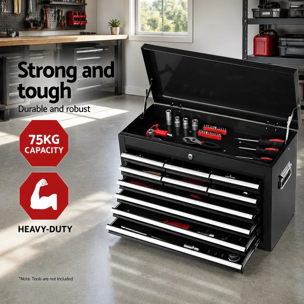 Tool Cabinet Storage Organizer 10 Drawer Black Steel 60cm W x 26cm D x 38cm H