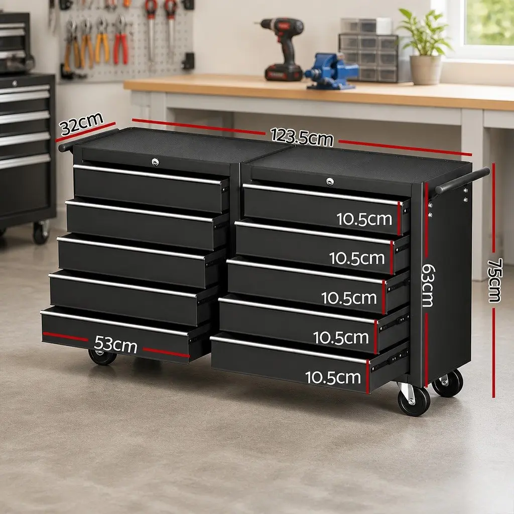 Tool Chest Trolley Storage Cabinet Organizer 10 Drawers Black