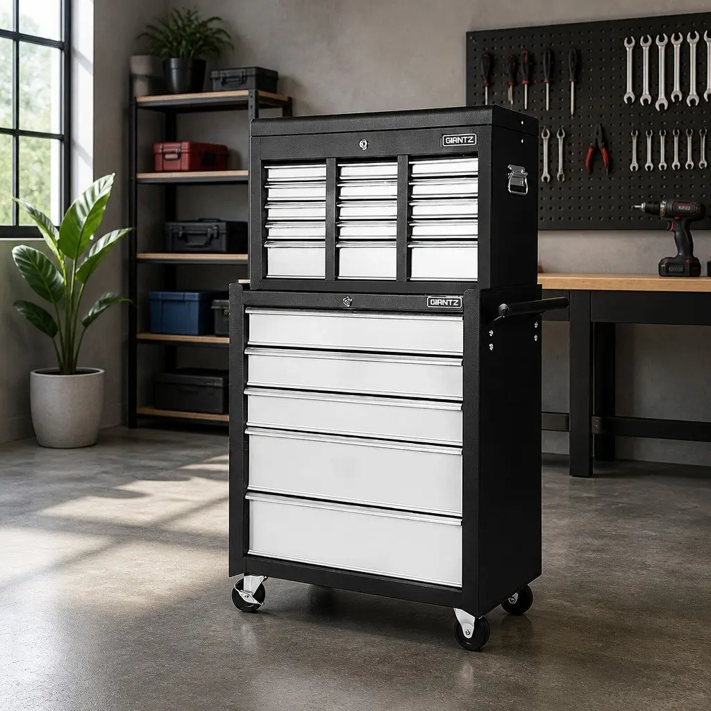 Tool Cabinet Storage Trolley 14 Drawer Black Grey 61.5cm x 33cm x 112cm