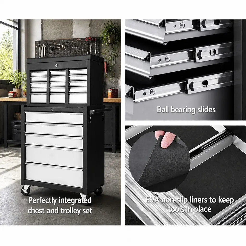 Tool Cabinet Storage Trolley 14 Drawer Black Grey 61.5cm x 33cm x 112cm